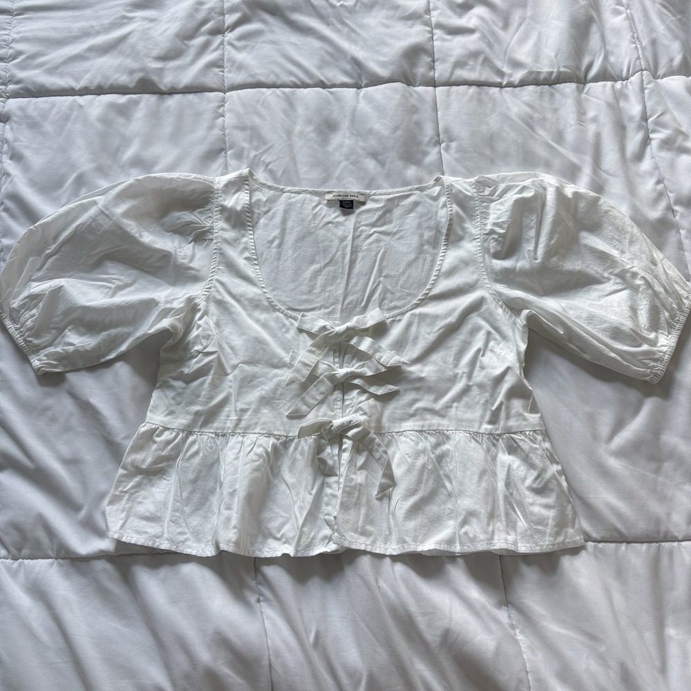 American Eagle Blouse Tie Front Puff Sleeve‎ Peplum Top Womens Small Oversized